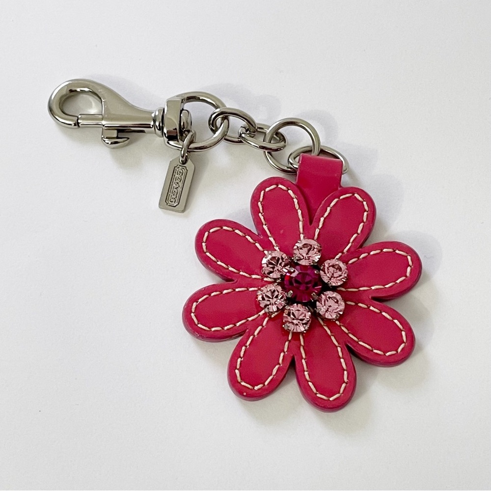 Coach Pink Flower Crystal Keychain Card Holder Charm - Picture 2 of 6
